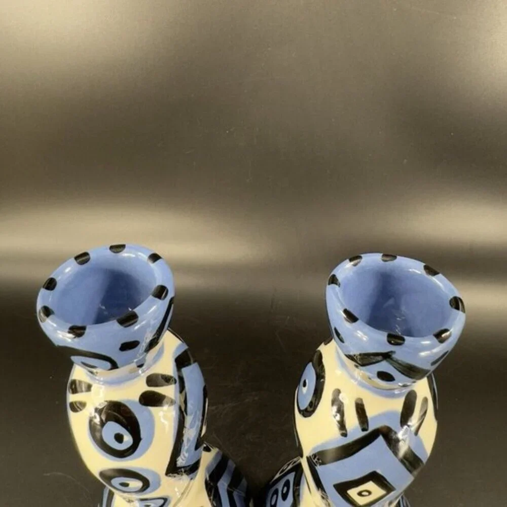 Hand Painted Vintage Pottery Candle Stick Holder Set 2 Signed YCHUK Abstract‎ 2